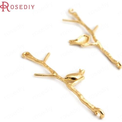 34868)6PCS 34x12MM 24K Gold Color Brass Tree Branch Bird Charms Pendants High Quality Diy Accessories Jewelry Findings