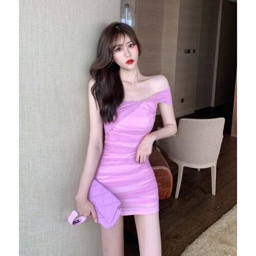 ZC2897 2021 summer women fashion temperament sexy off-the-shoulder mesh gauze slim dress cheap wholesale
