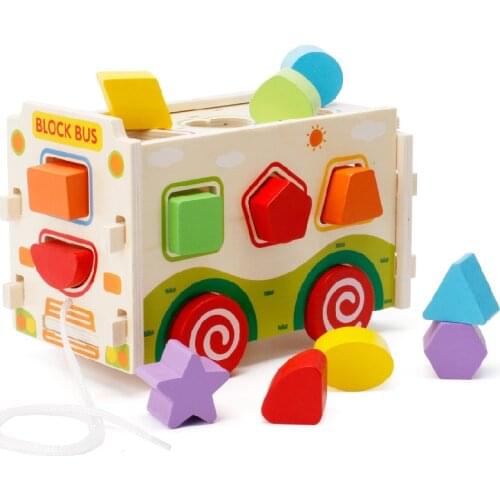 Wooden Blocks Bus Vehicle Blocks Toys For Children Oyuncak Shape Matching Car Montessori Game