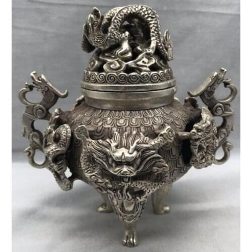 China White copper Nine dragons incense burner crafts statue