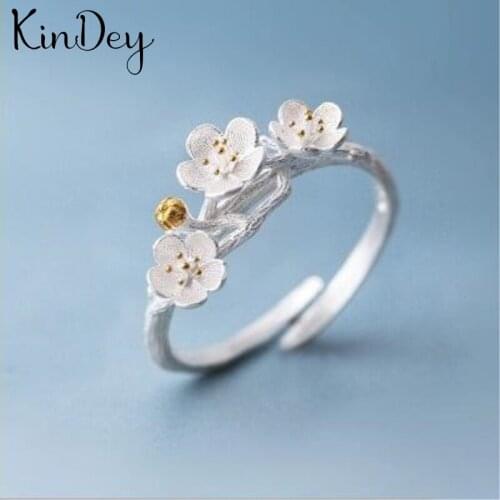 Kindey Fashion Silver Color Plum Flower Rings For Women Engagement Statement Finger Ring