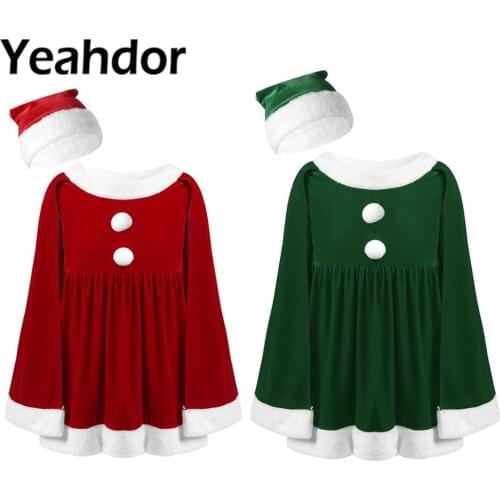 2Pcs Kids Girls Christmas Costume Outfits Round Neck Sleeveless Cloak Dress Ruffled with Hat Set Xmas Santa Claus Clothes Suit
