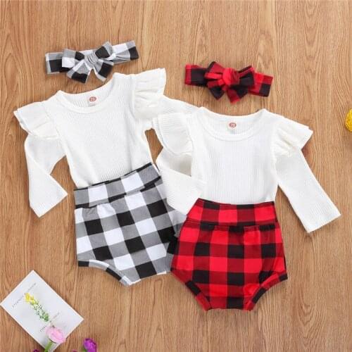 Newborn Baby Girl Clothes Set Kids Ruffles Knitted Bodysuits+Plaid Shorts+Headband 3Pcs Autumn Toddler Infant Clothing Outfits