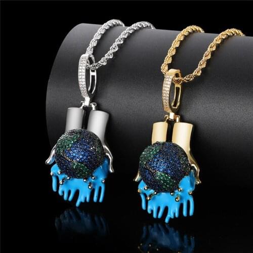 Cubic Zircon Global Warming Pendant Necklace Creative Earth Charm Hip Hop Rapper Jewelry Gift Dropshipping