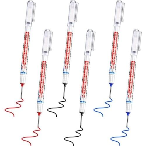 6Pcs Long Head Deep Hole Marker Multifunction Long Nosed Marker Deep Drill Hole Carpenter Mark Waterproof Marker Pen