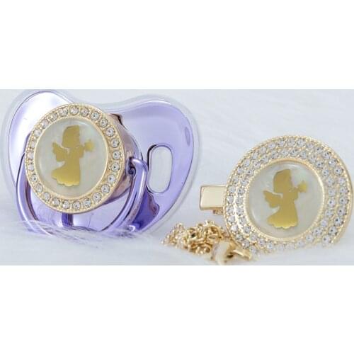 MIYOCAR Metallic purple sweet angel bling pacifier and pacifier clip set BPA free dummy bling unique gift baby shower ang