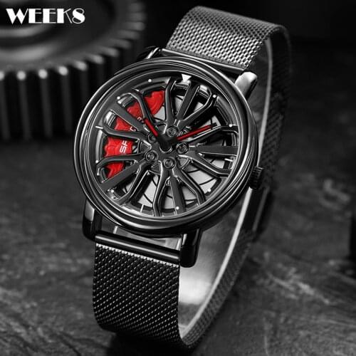 Hollow Dial Men Quartz Wrist Watches Car Wheel Rim Hub Rotating Rotation Watch Black Mesh Belt Waterproof Clock Male Wristwatch