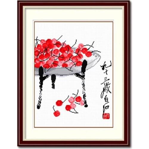 Platter with Cherries by Qi BaiShi Stamped Cross Stitch Kit Embroidery needlework set