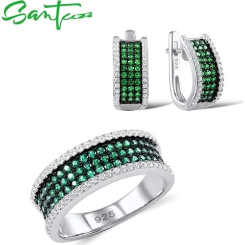 SANTUZZA Pure 925 Sterling Silver Jewelry Sets For Woman Green Spinels White CZ Stones Earrings Ring Set Classic Fine Jewelry