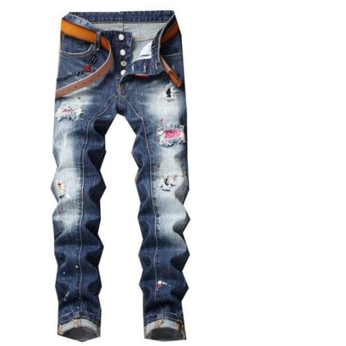 New Mens Skinny Jeans With Ripped Holes And elastic Paint Spray Blue Stitching Beggar Pants