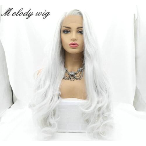 Melody Synthetic Lace Front Wigs Heat Resistant Silver Grey Long Body Wave for Women Natural Looking Daily Wear Cosplay Party