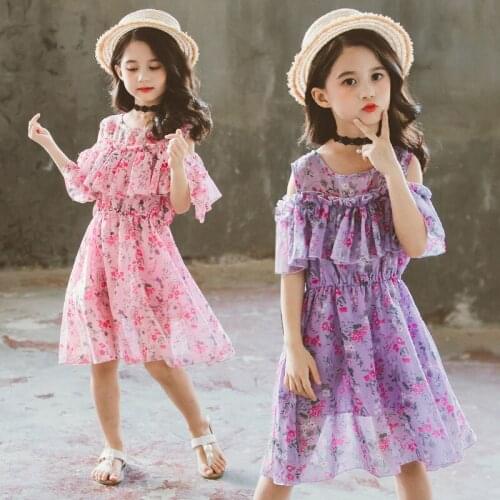 Girls Summer Dress Off Shouder Chiffon Dress For Girl Print Flower Party Dress Girls Teen Kids Girl Clothes 4 6 8 10 11 12 Years
