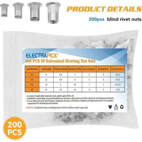 Electrapick 200pcs Rivet Nuts M3 M4 M5 M6 Aluminum Alloy Flat Head Threaded Insert Nut Rivet Cap Set Threaded Nuts Metalworking