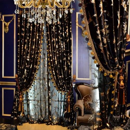 Custom Curtain Black Gold European American High Quality Curtain Luxurious Velvet Bronzing Cloth Blackout Curtain Valance