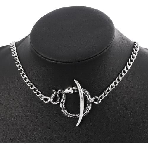 Moon Sickle Vintage Snake Circle Punk Women Choker Necklace Antiquity Sacrifice Witch Gothic Chain Necklace Halloween Jewelry