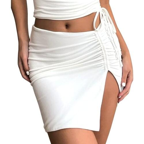 Women Close-fitting Sexy Skirt, Solid Color Low Elastic Waist Slit Dress, White/ Brown/ Black