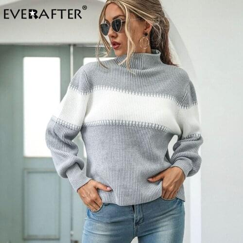 EVERAFTER Patchwork Oversize Turtleneck Women Striped Lantern Sleeve Autumn Winter Sweater Jumper Loose Fashion Knitted Pullover