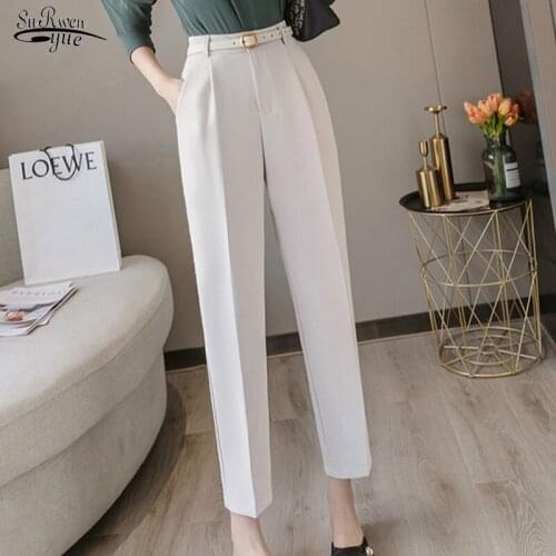 2021 Straight Slim Women Pants With Belt Autumn New High Waist Pencil Pants Women Solid Elegant Office Wear Women Trousers 8780