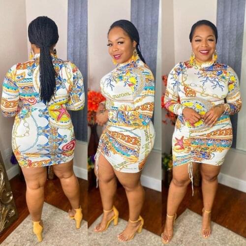 Autumn Fashion Printing Women Pleated Sheath Dresses Long Sleeve Half High Collar Skinny Slim-fit Mini Bandage Dresses Vestidos