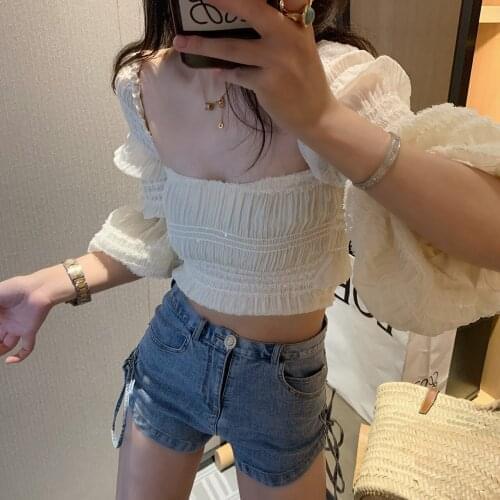 2020 summer T5645 new French close waist square neck Elastic Sleeve Chiffon shirt fashion sexy short women