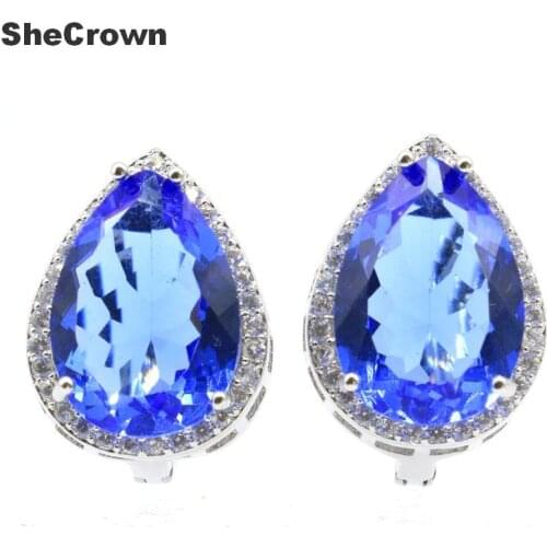 22x16mm SheCrown Water Drop 18x13mm Violet Tanzanite White CZ Gift For Ladies Jewelry Silver Earrings