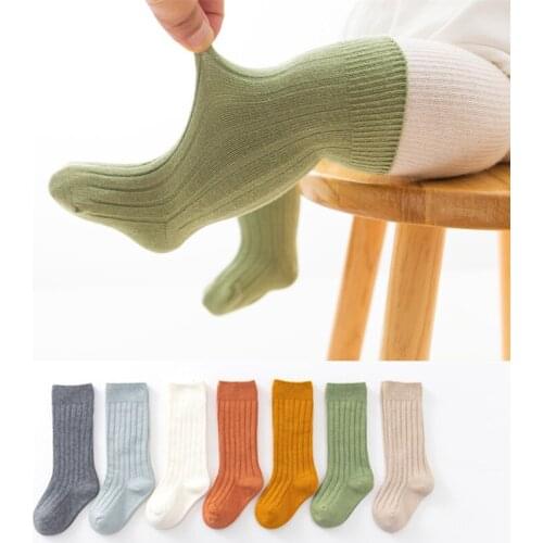 4 Pairs/lot New Double Needle Baby Knee Length Socks Cotton Breathable Baby Socks 0-5Y Solid Color Childrens Long Tube Socks