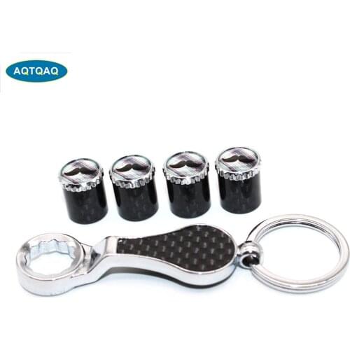 5Pcs/Set Mustache Style Emblem Auto Car Wheel Tire Air Valve Caps With Wrench Keychain Carbon Fiber + Copper Stem Dust Cover Acc