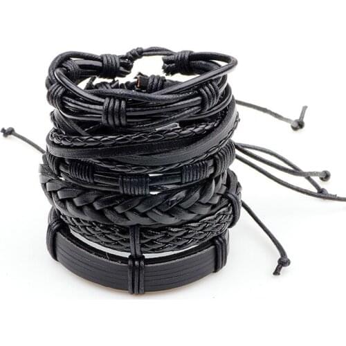 6pcs/set Boho Gypsy Hippie Punk Black Macrame Pattern Leather Cord Wrap Knot Layers Stacked Adjustable Bracelets Set for Man