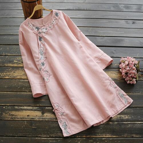7328 Spring Women Dress Literary Chinese Style Buckle Embroidery Ramie O-Neck Long Sleeve Dress Women