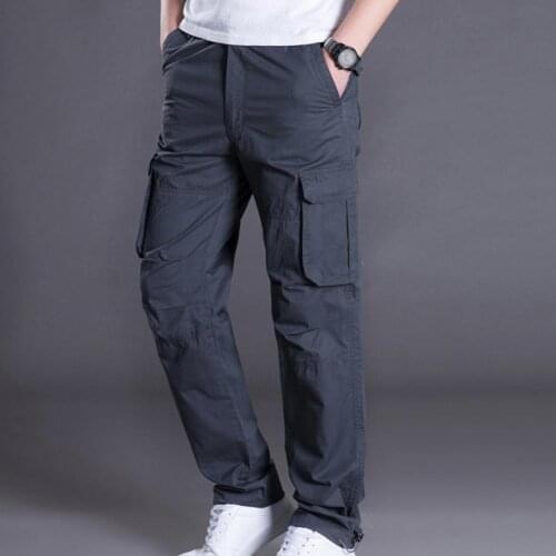 Men Trousers Multi Pockets Solid Color Cargo Pants Breathable Elastic Waist Camping Pants Workwear Casual Loose Fashion Pants