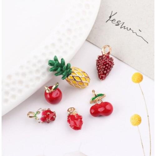 10pcs/lot 3D Fruit Enamel Charms Cute Gold Tone Cherry Strawberry Pineapple Charms Pendants For Jewelry Making Earring Finding
