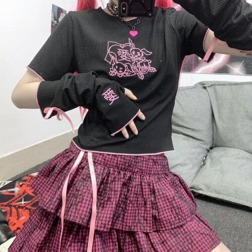 Y2k Character Cartton Lovely Draw String Tshirt Black White Kawaii Embroidery Girl T Shirt With Outsleeves Korean Fashion Tops