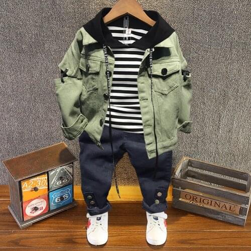 Boy Set 2-6Year Toddler Kid Baby Boy Green denim jacket, striped hoodie, black pants 3pcs Outfits Clothes Boys Clothing sets