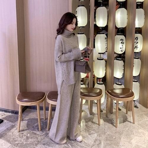 Loungewear 2 Piece Set Turtleneck Knit Sweater + Fashion Wide Leg Pants Autumn Winter Ladies Clothes Moletom Feminino Conjunto
