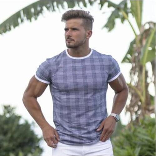 Summer New Mens Fashion Plaid Hip-Hop Short-Sleeved Slim Jogging Training Stretch Fitness T-Shirt For Homme
