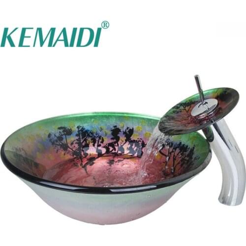 KEMAIDI Art Design Nice Wash Basin Bathroom Sink Set Tempered Glass Bathroom Sink And Chrome Finish Bathroom Faucet