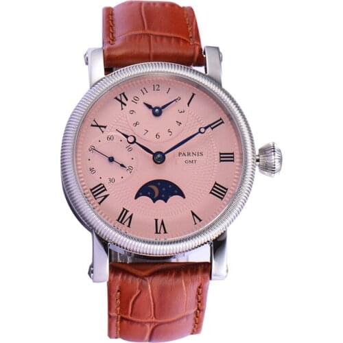 Parnis 42mm Handwind Mechanical Watch Men Wrist Stainless Steel Case Leather Strap Waterproof GMT Moon Phase Wristwatch Men