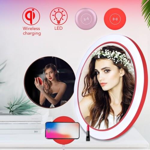 Woman Portable Wireless USB Charger LED Light Makeup Mirror Mini Circular Makeup Mirror 18 Lamp Beads LED Light Make Up Mirrors
