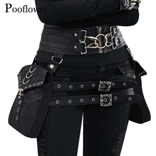 Pooflower Men and Women Waist Bags Retro Gothic Waist Belt Leg Funny Packs Steampunk PU Leather Messenger Bag Phone Pouch ZH082