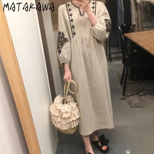 MATAKAWA Loose Pleated High Waist Long Lantern Sleeve Women Dress Vintage Heavy Industry Embroidery Flower Midi Dresses