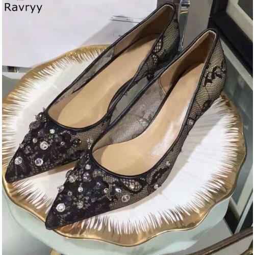Bling Bling Luxury crystal shoes lace black woman high heel Pointed Toe Sexy Pumps slip-on female dress shoes party stiletto
