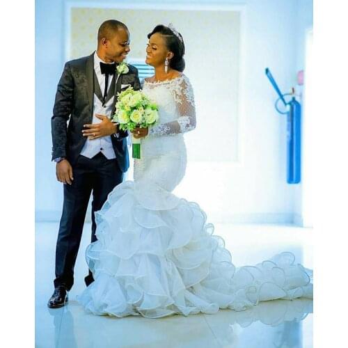 Mermaid Wedding Dresses 2021 Long Sleeve Plus Size Satin Nigeria Country African With Beads Vintage Bridal Gowns