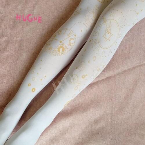 Time Machine ~ Vintage Clock Printed Lolita Pantyhose Gold Stamped Patterned Tights Blue Gray Red White