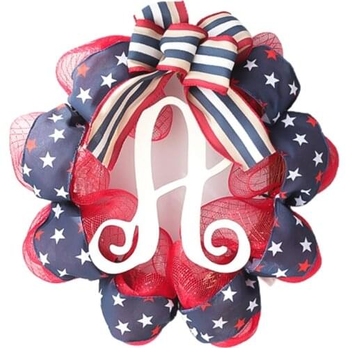 Independence Day Wreath America Flag Net Yarn Garland Patriotic Veterans Day Wreath for Front Door