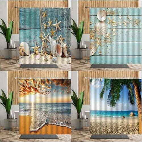 Beach Scenery Shower Curtain Set Starfish Conch Shell Blue Wooden Board Background Cloth Summer Bathroom Curtain Home Bath Decor