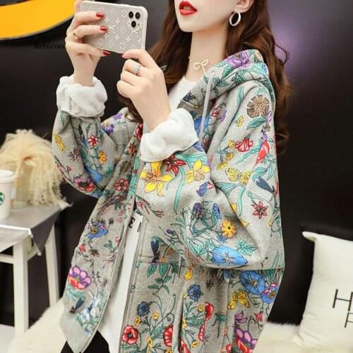 Women Plus Velvet Thick Hooded Hoodies Casual Loose Floral Print Sweatshirt 2021 New Autumn Winter Female Zipper Hoodie Outwear