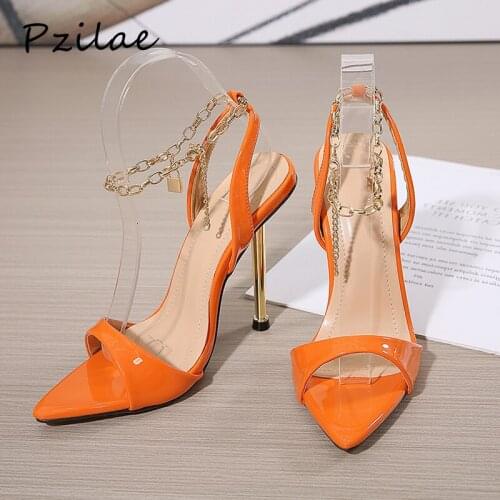 Pzilae 2021 New Summer Thin High Heels Womens Shoes Fashion Sexy Metal Decoration Ankle Strap Peep Toe Sandals Big Size 40 41