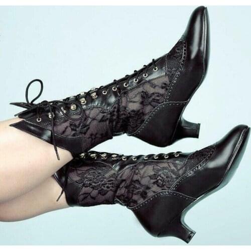 US4-11 Women Victorian Pointed Toe Mid-Calf Boots Leather Lace Hollow Out Punk Lace Up Strange High Heel Shoes Plus SizeMA1