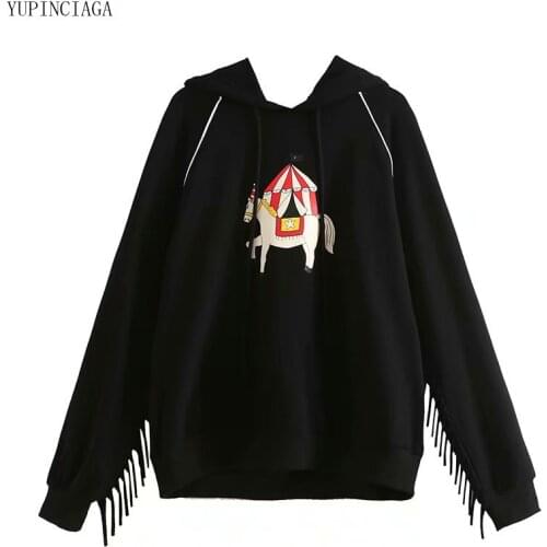 2020 Womens Harajuku Cartoon Trojan Print Hoodies Sweatshirts With Tassel Sweet Style Loose Long Sleeve Girl Casual Pullovers