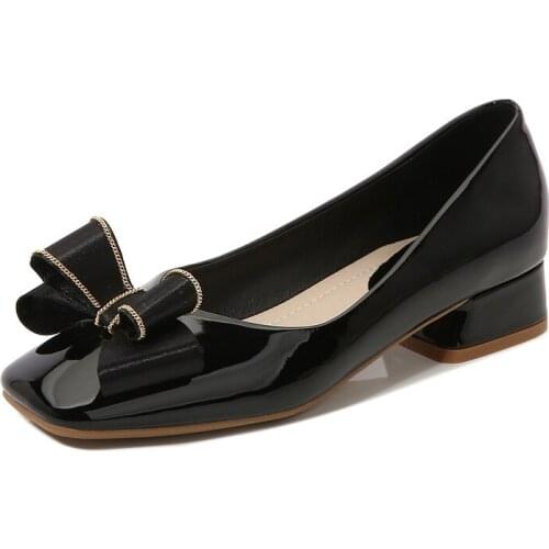 High Quality Womens Pumps Ladies Butterfly Knot Patent Leather Low Heeled Heels Female Wedding Party Work Shoes